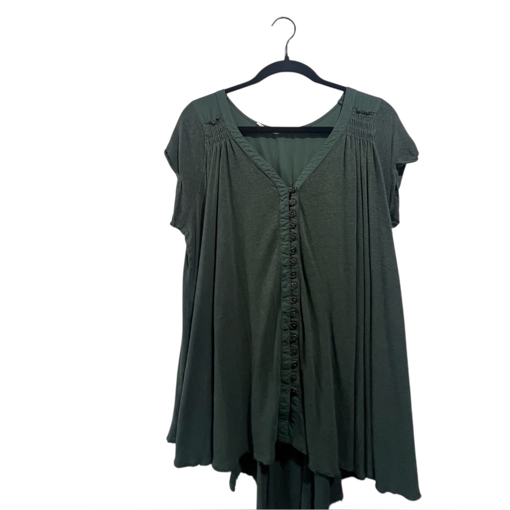 Free People Highland High Low Oversized Slouchy Tee Button Front Green Size S - Picture 4 of 8